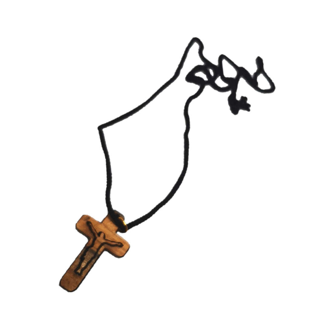 Handmade in Bethlehem olive wood crucifix  pendant with black cord