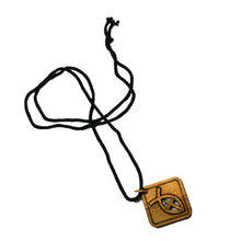 Load image into Gallery viewer, Handmade in Bethlehem, olive wood cross in fish, square pendant with black cord
