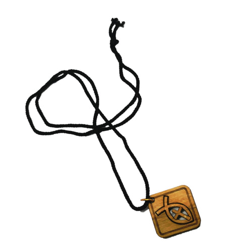 Handmade in Bethlehem, olive wood cross in fish, square pendant with black cord