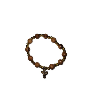 Hand Crafted Olive Wood Bead Bracelet with Golden Beads & Silver Dove Cross