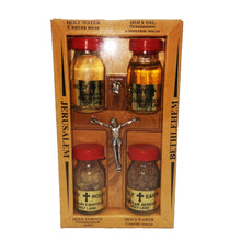 Load image into Gallery viewer, Boxed gift from Bethlehem. Olive wood cross, holy water, olive oil, holy incense. holy earth, soil. certificate of authenticity
