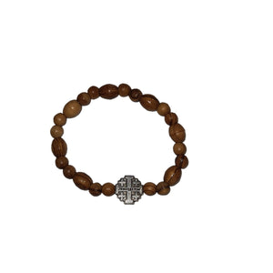 Hand Crafted Olive Wood Bead Bracelet with Silver Jerusalem Cross