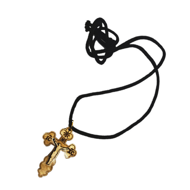 Handmade in Bethlehem olive wood crucifix pendant with black cord