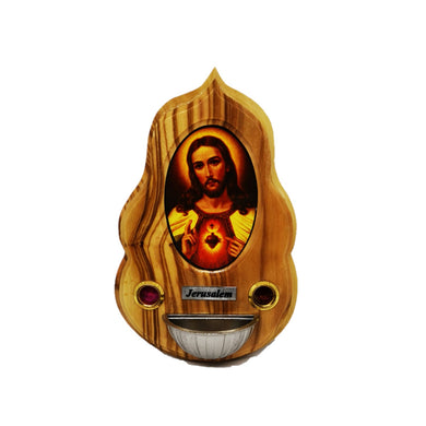 Olive wood magnet, with rose petals and incense, picture of adult Jesus. Small plaque says Jerusalem 