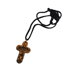 Load image into Gallery viewer, Handmade in Bethlehem olive wood Jesus cross pendant with black cord
