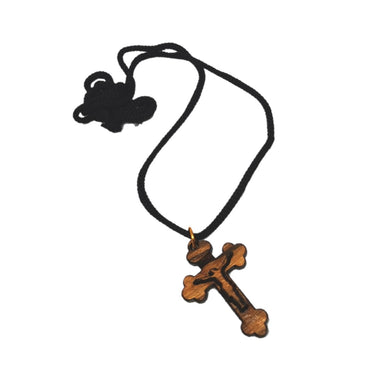 Handmade in Bethlehem, olive wood crucifix pendant with black cord