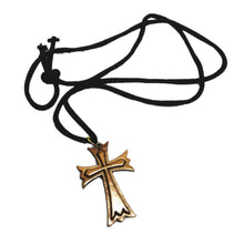 Load image into Gallery viewer, Handmade in Bethlehem, olive wood cross pendant with black cord
