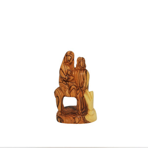 Hand carved olive wood statue made in Bethlehem. The flight to Egypt, Mary and Jesus on donkey, Joseph standing next to them