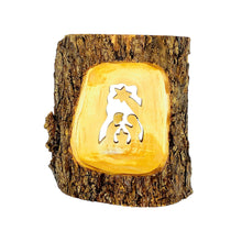 Load image into Gallery viewer, Nativity scene cut into natural olive wood with bark, Mary, Joseph, Baby Jesus, Star of Bethlehem
