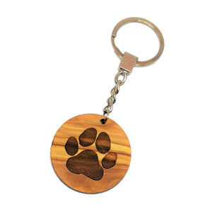 Circular olive wood keyring with paw print, on chain on 