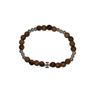 Pearl Bead and Olive Wood Bead Bracelet With Silver Cross