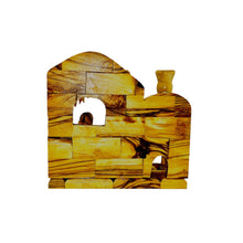 Load image into Gallery viewer, Reverse of handmade olive wood nativity, made in Bethlehem. Bell tower, faceless figures of Mary, Joseph, Baby Jesus, lambs, palm tree, star of Bethlehem, ladder

