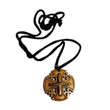 Load image into Gallery viewer, Handmade in Bethlehem, olive wood Jerusalem cross pendant with black cord
