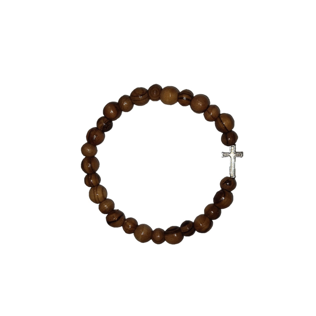 Olive Wood Bead Bracelet With Silver Cross