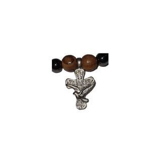 Hand Crafted Olive Wood Bead & Hematite Bead Bracelet with Silver Dove Cross