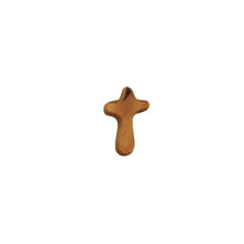 Load image into Gallery viewer, Hand carved olive wood holding cross, small, made in Bethlehem. Unique grain, fits in palm of hand
