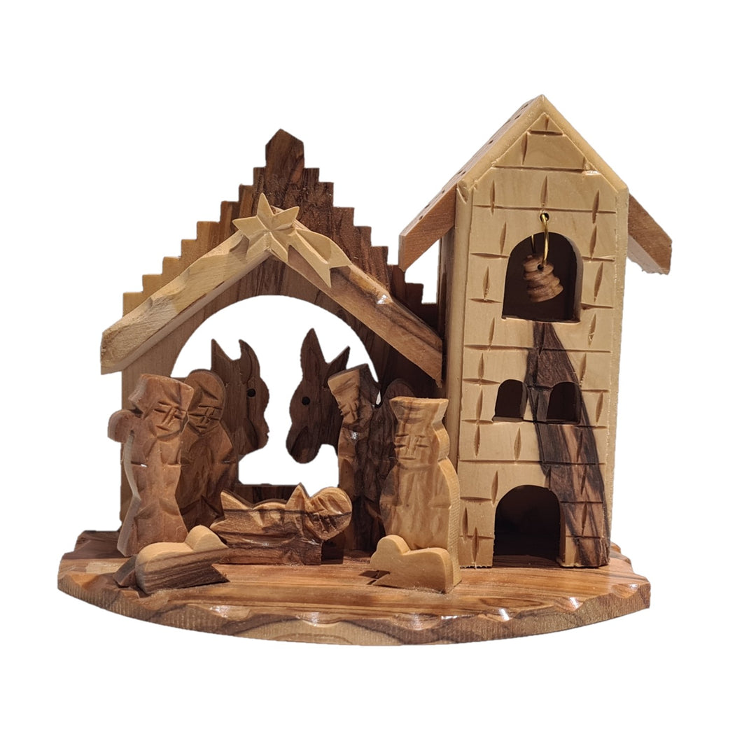 Handmade Olive Wood Bell Tower Nativity Scene From Bethlehem