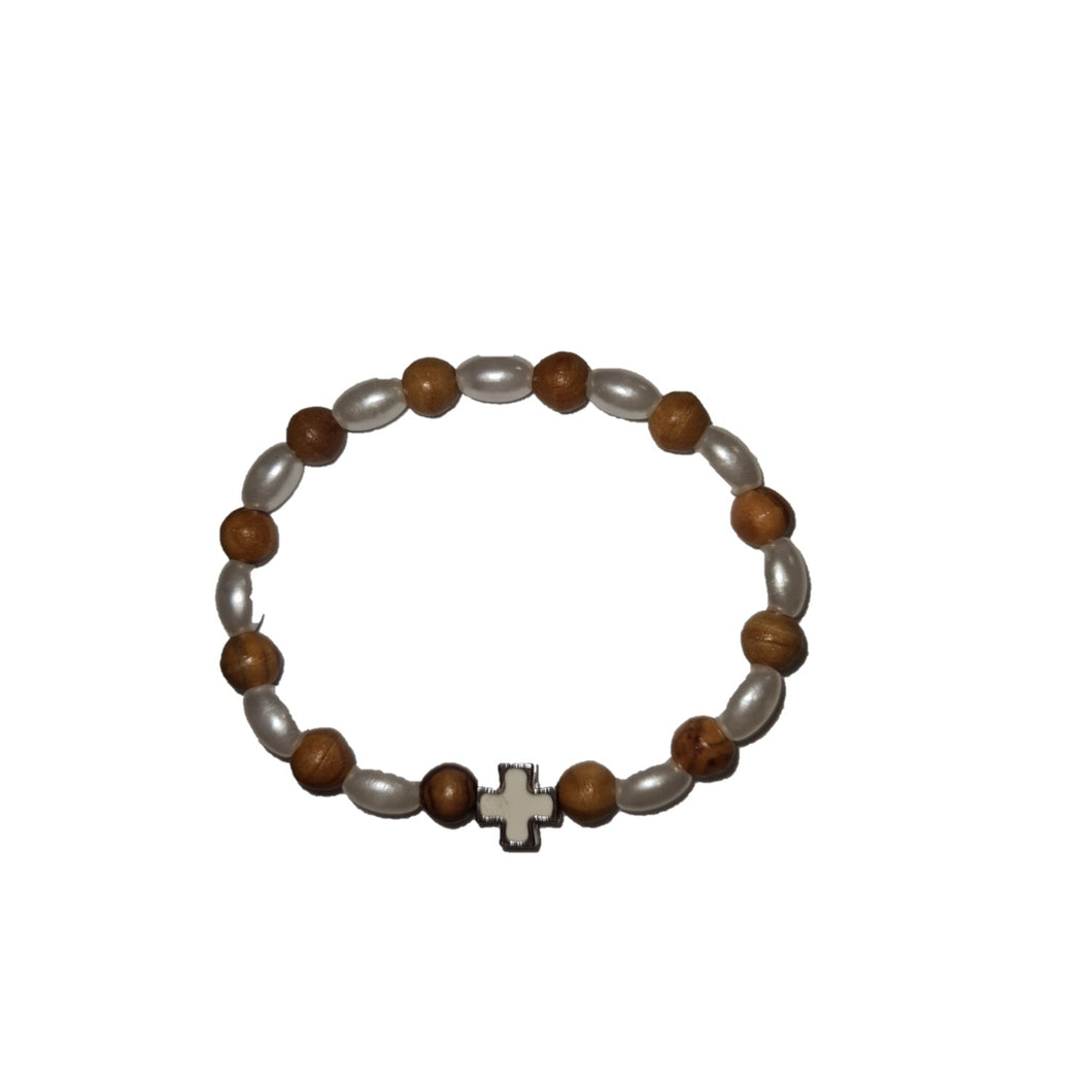 Pearl Bead and Olive Wood Bead Bracelet With White Cross