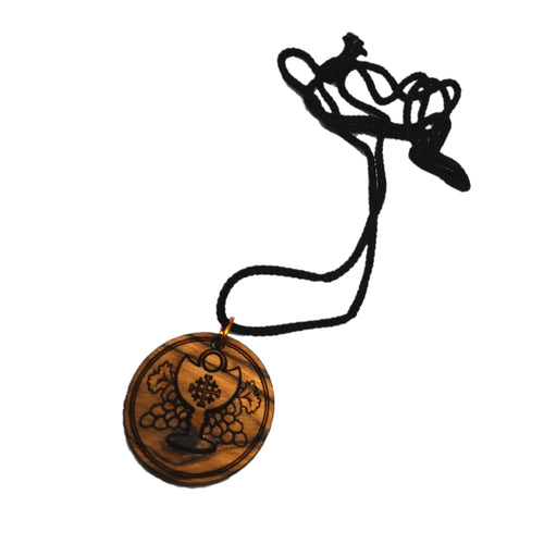 Handmade in Bethlehem, olive wood circular pendant with chalice and grapes with black cord